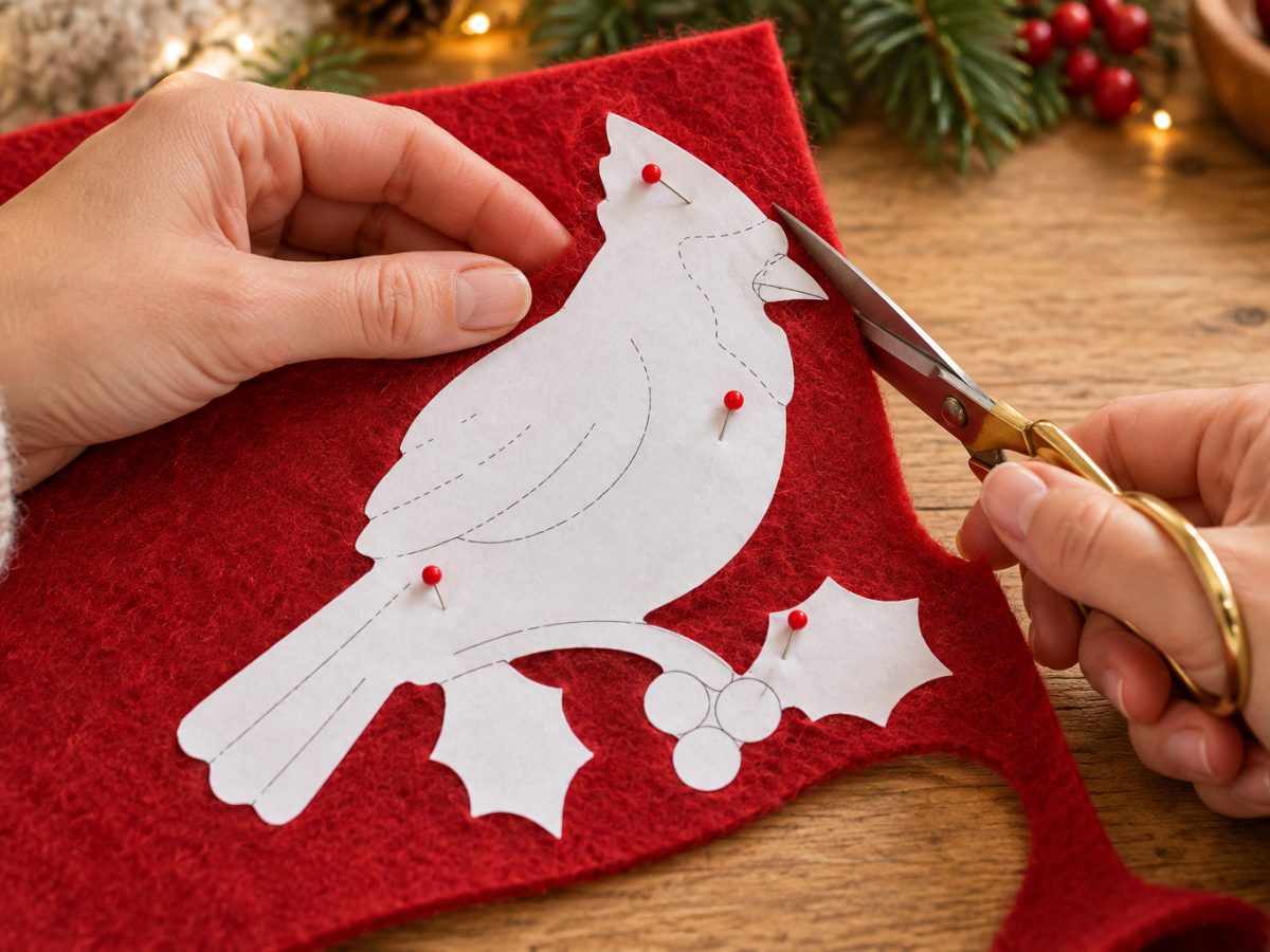 Cutting felt with the paper pattern pinned on top