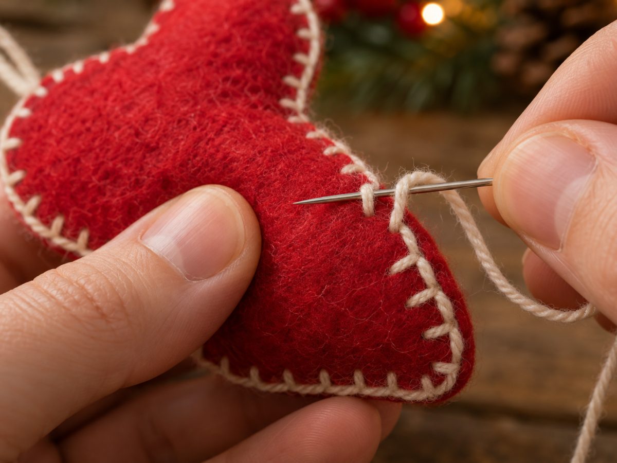 Close-up of a blanket stitch on a felt ornament