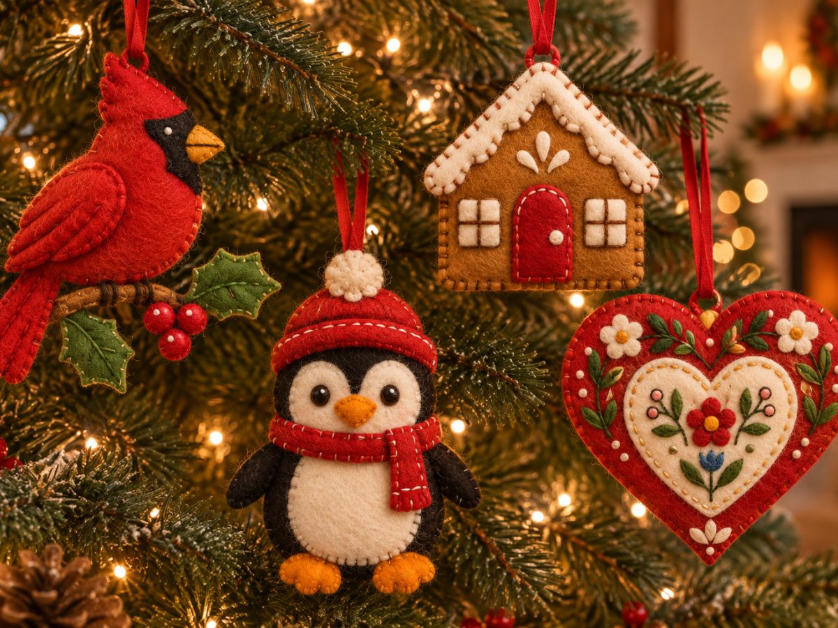 Felt ornaments hanging on a Christmas tree