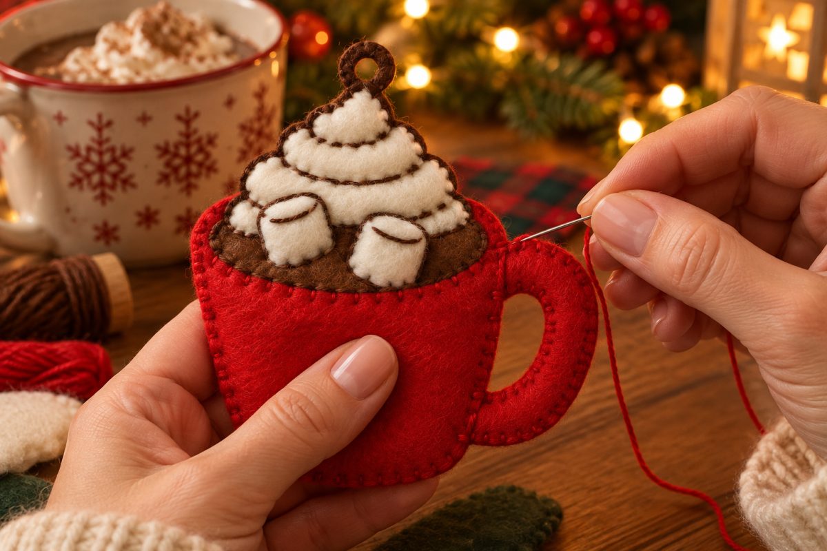 Hands stitching a felt hot cocoa ornament in the evening