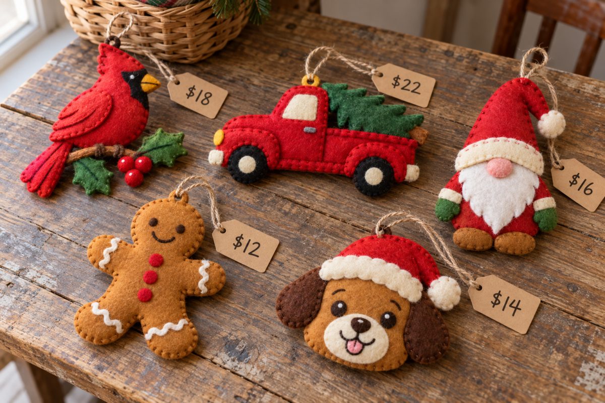 Handmade felt ornaments with price tags, ready to sell